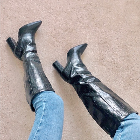 Knee Tall Vegan PU Croc Pointed Boots - Picture 2 of 8